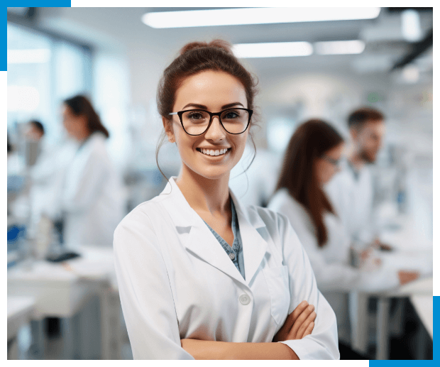 Woman smiling with arms crossed in the middle of an office
