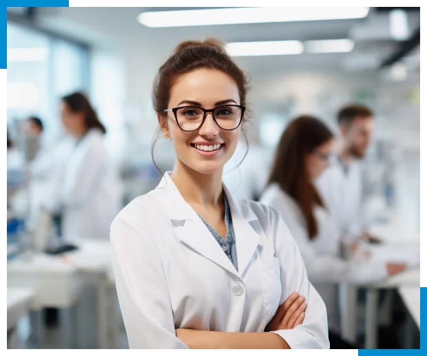 Woman smiling with arms crossed in the middle of an office